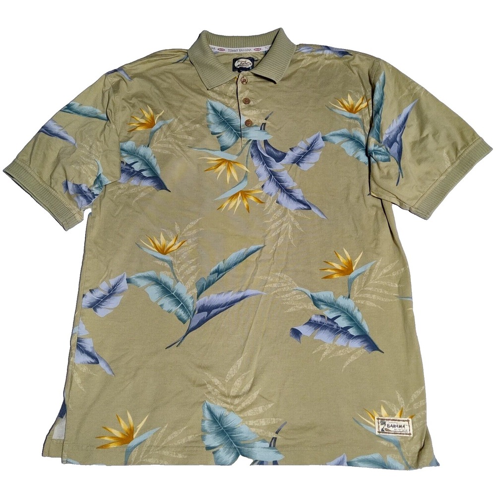 VTG TOMMY BAHAMA Men Medium Green‎ BIRDS OF PARADISE Floral Hawaiian Polo Shirt